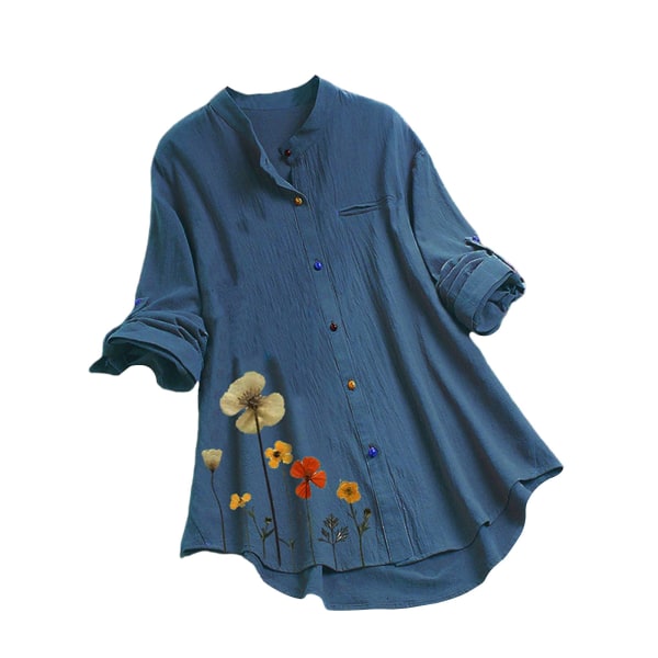 Plus Size Dame Langærmet Shirt Tunika Løs Bluse Cardigan Mörkblå L