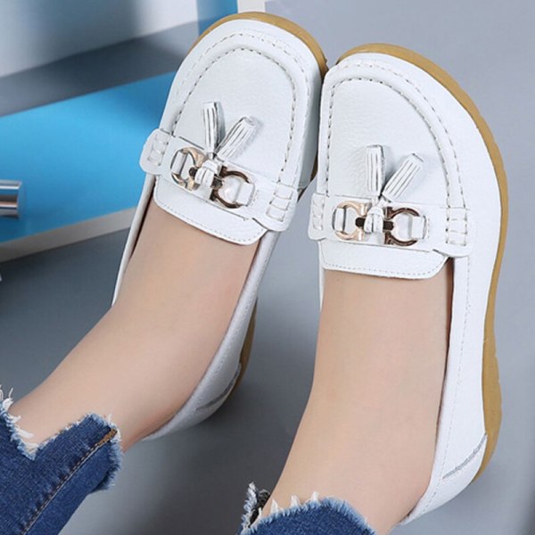 Dame Rund Toe Flats Sko Loafers Mokkasiner Tassel Nurse White 35