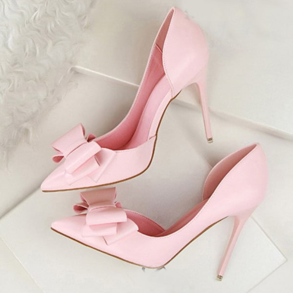 Kvinnor Pump Dress Shoe Shallow Mouthed spetsig högklackat tofflor Pink 38