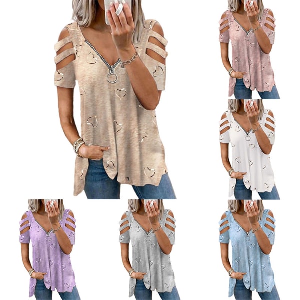 Naisten lyhythihainen T-paita V-kaula-aukolla vetoketjullinen Topit Khaki 3XL