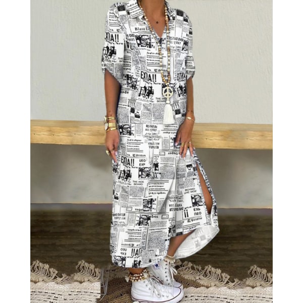 Naisten lyhythihainen pitkä mekko Print Maxi-mekot Black 3XL