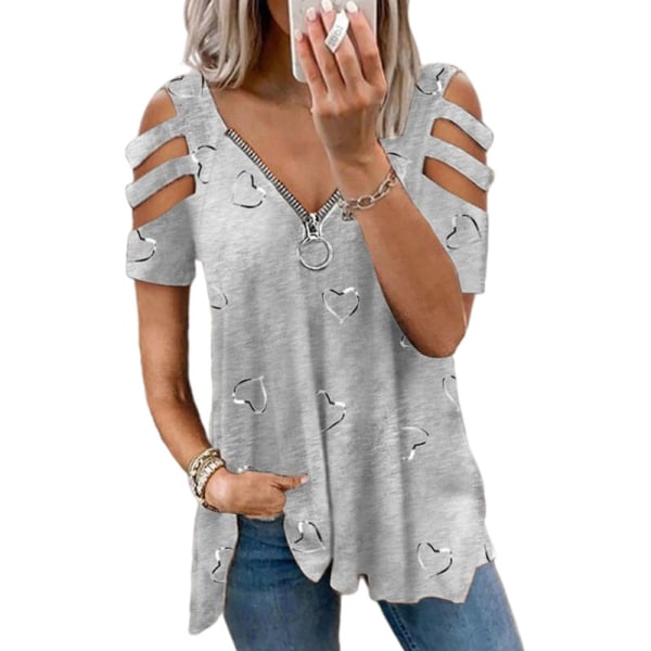 Naisten lyhythihainen T-paita V-kaula-aukolla vetoketjullinen Topit Gray L