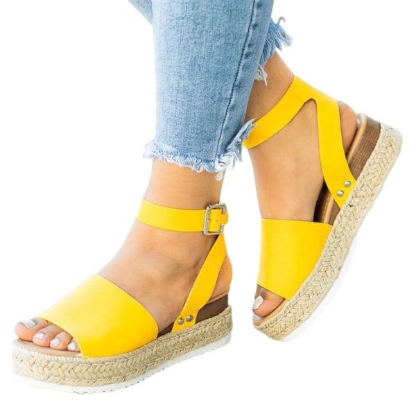 Kvinnor Ankel Hampa Rep Strap Sandal Plattform Klänning Sandaler Beach Yellow 43