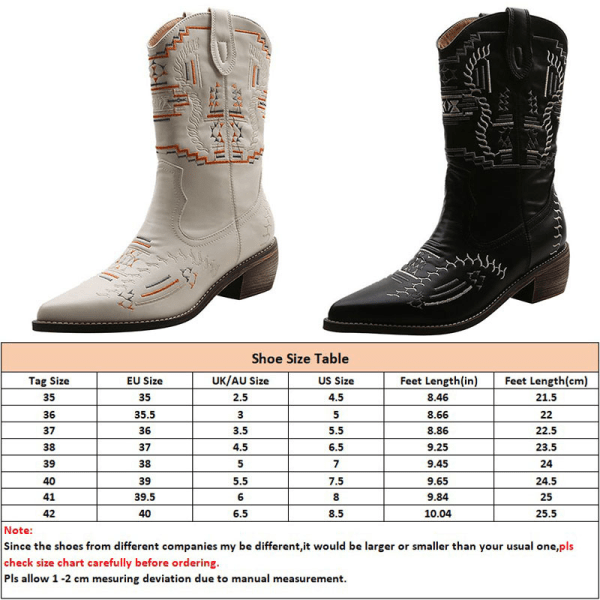 Damer med spetsad tå Western Cowgirl Boots Block Chunky Heel Beige 35