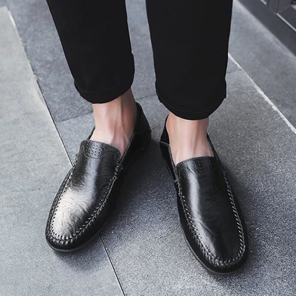 Herre britiske klassiske loafers Slip On imiteret læder business sko Svart 42