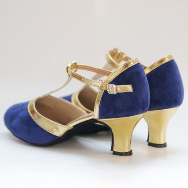 Dam latinska sandaler Dansskor T-rem med stängd tå med mitten av klackarna Blue+ Gold 40