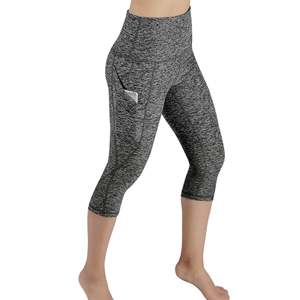 Kvinnor Yoga Byxor High Waist Leggings Cropped Pocket Fitness grey,M