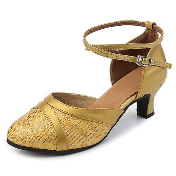 Kvinder balsal sandaler latin sko danser lukket tå midt hæl Gold (Indoor Faux Suede Sole) 35