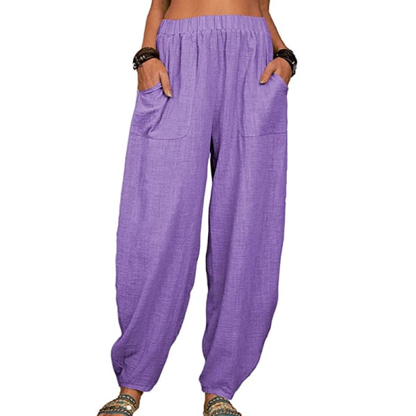 Kvinnor Wide Leg Linne Byxor Byxor Wide Leg Byxor Purple 5XL