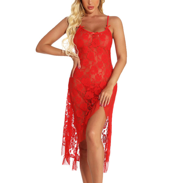 Sexet natkjole til kvinder, sexet lang kjole med rosenblomst blonder red,XL