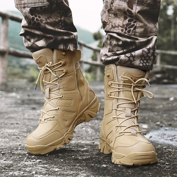 Miesten Tactical High Top Combat Boot Pyöreäkärkinen ulkona liukumaton Brun 41