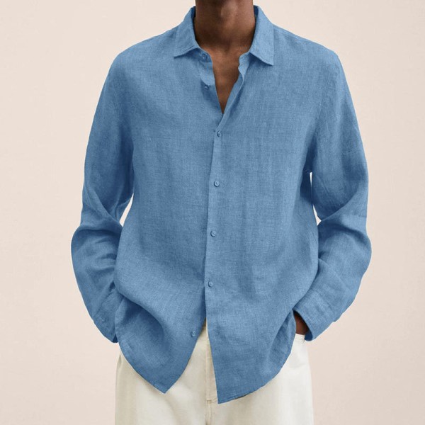 Långärmad herrskjorta Solid Casual Baggy Tops Blus Ljusblå 3XL