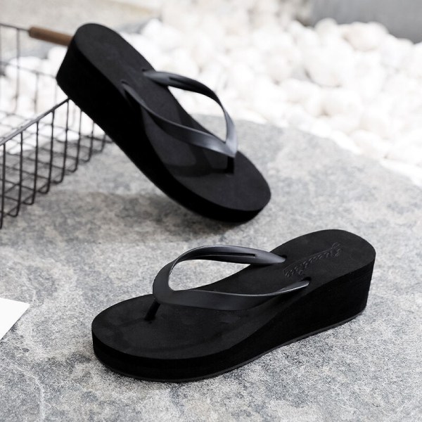 Kvinders flip-flops højhælede sandaler strandtøfler indendørs Simple Black 37