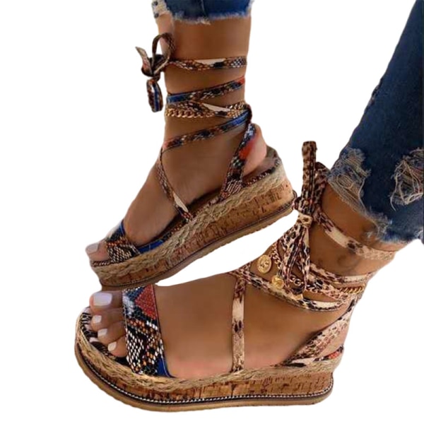 Kvinders platform høje hæle mode afslappet ankel spænde sandaler Khaki,36