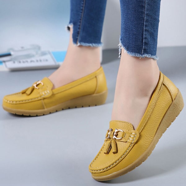 Dame rund tå flade sko Loafers Mokkasiner kvast sygeplejerske Yellow 35