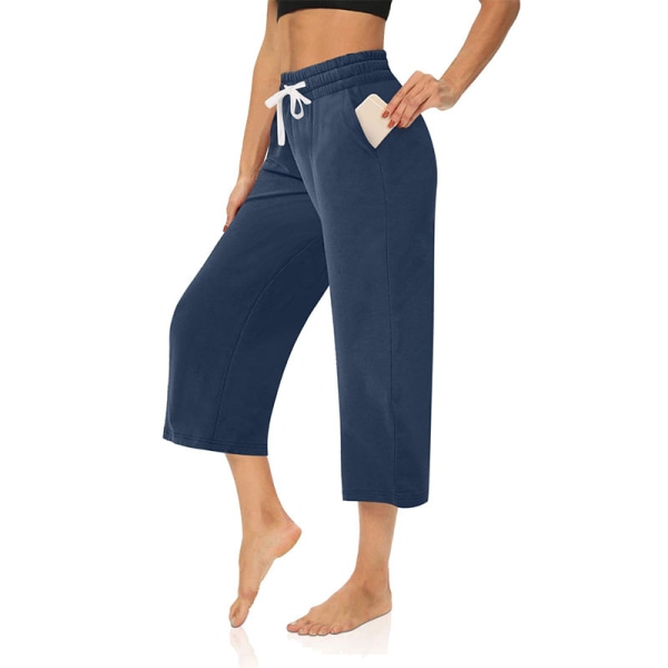 Kvinder Mid Waist Yoga Bukser Løs Sports Elastik Talje Beskåret Navy Blue,XL