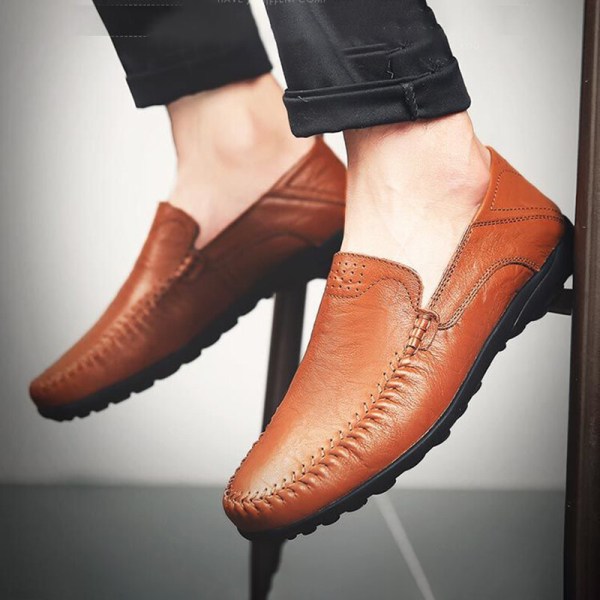 Herre britiske klassiske loafers Slip On imiteret læder business sko Brun 40
