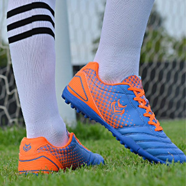 Teenager Unisex fodboldstøvler Spikes Sko Atletik Sneakers Blue Orange 37