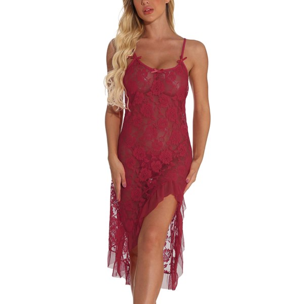 Sexet natkjole til kvinder, sexet lang kjole med rosenblomst blonder Jujuberot,S