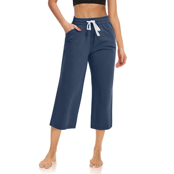 Kvinder Mid Waist Yoga Bukser Løs Sports Elastik Talje Beskåret Navy Blue,XL