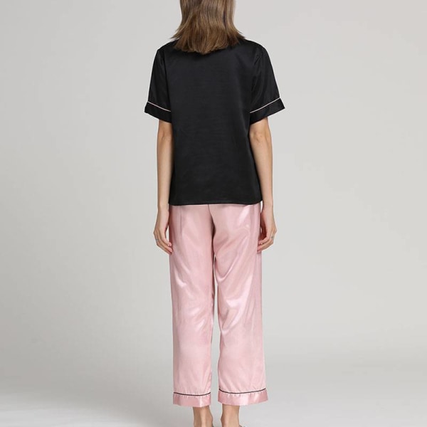 Kvinder 2 stykke pyjamas sæt kortærmede toppe + bukser nattøj Black Light Pink M