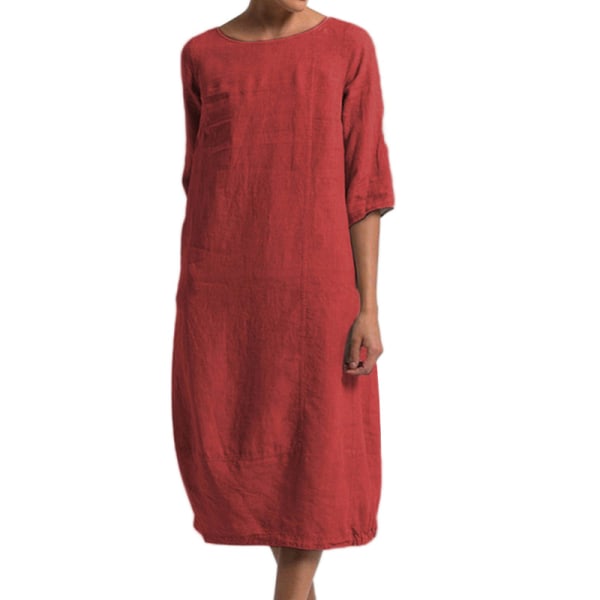 Kvinnor Enfärgad midiklänning Vanlig lös halvärmad klänningar Red 2XL
