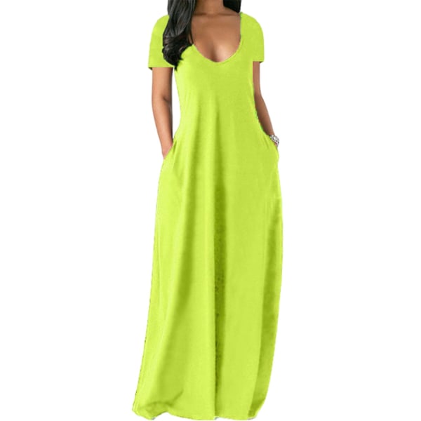 Plus Size Dam Kortärmad V-ringad Maxiklänning Casual Klänning Fluorescerande grön 3XL