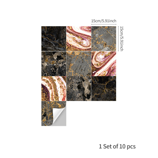 10 st mosaik vägg kakel klistermärke badrum kök hem Dekal dekor Black Coral Marble 15x15cm(6x6")