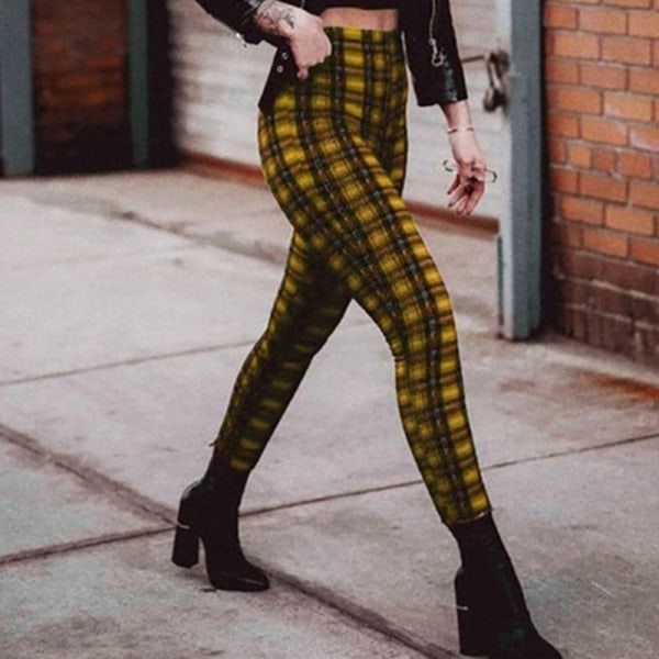 Kvinders højtaljede plaidbukser Skinny Sport Punk lange bukser Gul XL