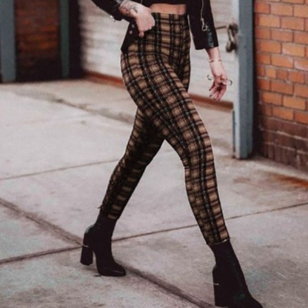 Kvinders højtaljede plaidbukser Skinny Sport Punk lange bukser Kaffe 3XL
