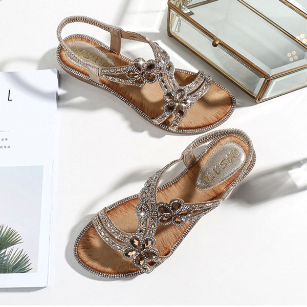 Kristallskor för kvinnor Mode Platta Sandaler Rhinestone Slip-in Golden,39