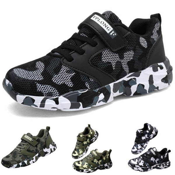 Barn Camouflage Rund Toe Walking Shoe Athletic Sneakers Svart Vit-1 27