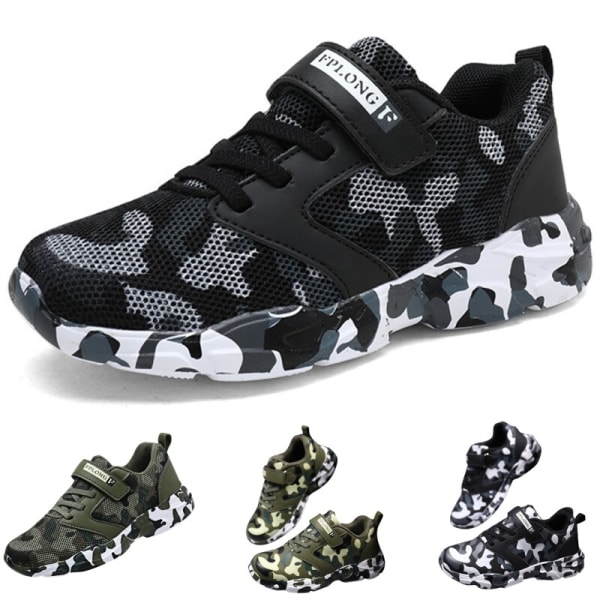Barn Camouflage Rund Toe Walking Shoe Athletic Sneakers Svart Vit-1 32
