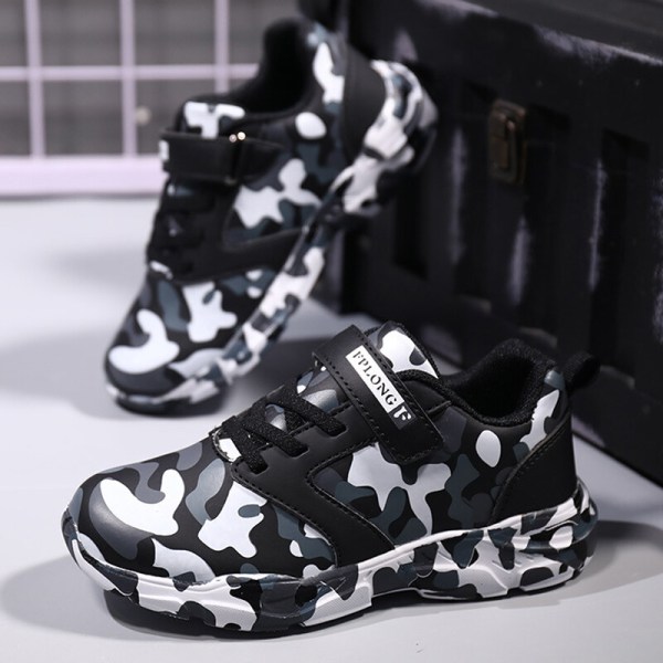 Barn Camouflage Rund Toe Walking Shoe Athletic Sneakers Svart Vit-2 39
