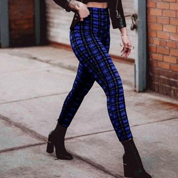 Kvinders højtaljede plaidbukser Skinny Sport Punk lange bukser Blå S