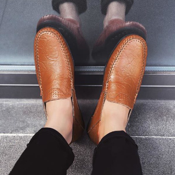 Herre britiske klassiske loafers Slip On imiteret læder business sko Brun 44