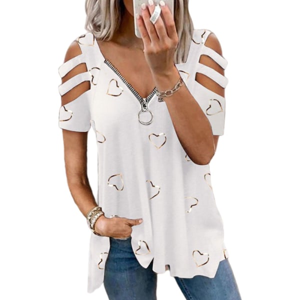 Naisten lyhythihainen T-paita V-kaula-aukolla vetoketjullinen Topit White XXL