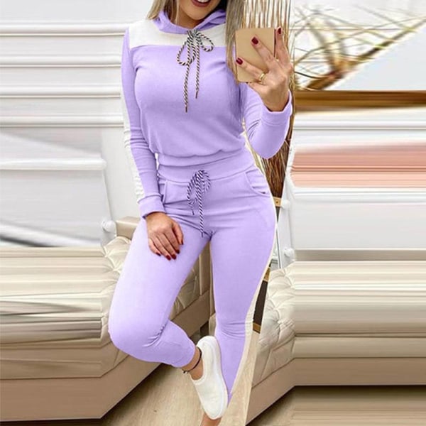 Kvinnor 2-delade outfits Sweatsuits Set Hoodies + Byxor Purple S