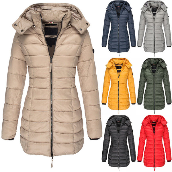 Dame hættejakke polstret vinter varm lang frakke Puffer Outwear Kaki M
