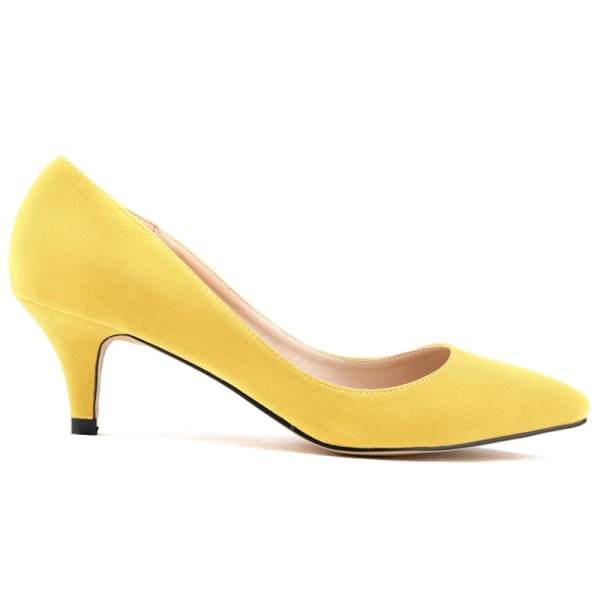 Kvinder Pointy Toe Pumps Mid Heel Shoe Velvet Cloth Party Bryllup Yellow 35