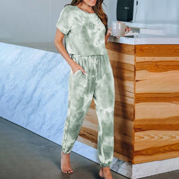 Kvinder Hjemmetøj Sæt Casual Rundhals Printede T-shirts Pyjamas Green,XL