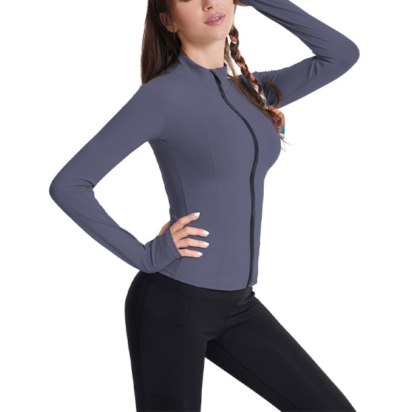 Kvinder Full Zip Workout Top T-shirt Yoga Bluse Sports Gym Comfy Deep Gray XL