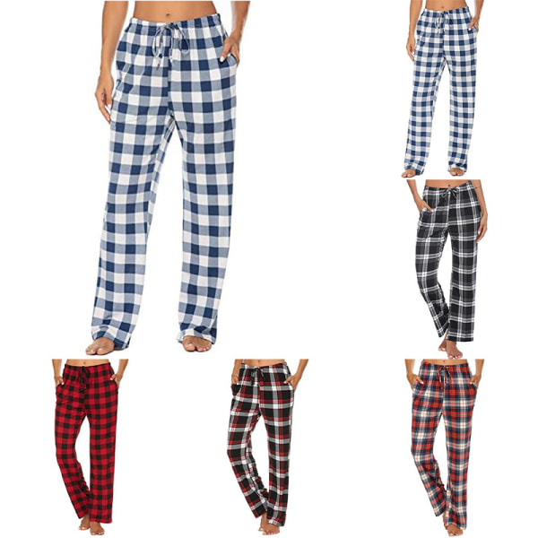 Dame plaid elastiske pyjamasbukser Casual Baggy Loungewear Röd M