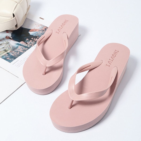 Kvinner Mid Heel Wedges Sandal Thick Sole Slipper Flip Flop Beach Light pink 39