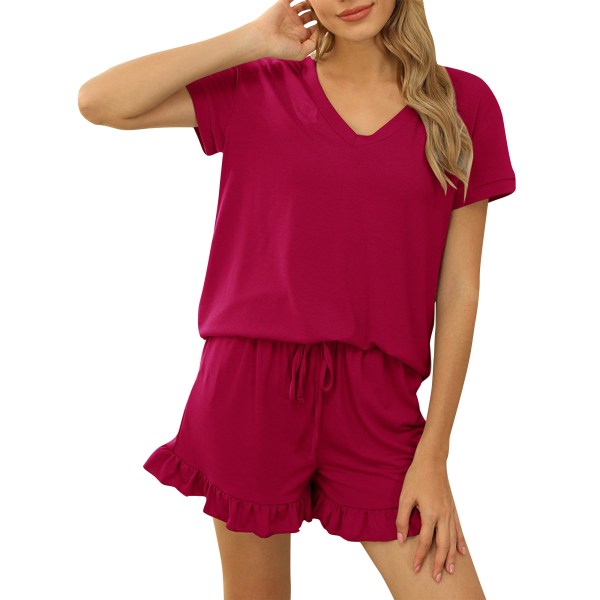 Kvinnor Pyjamasset V-hals Kortärmade T-shirts Shorts Hemkläder Red,XL