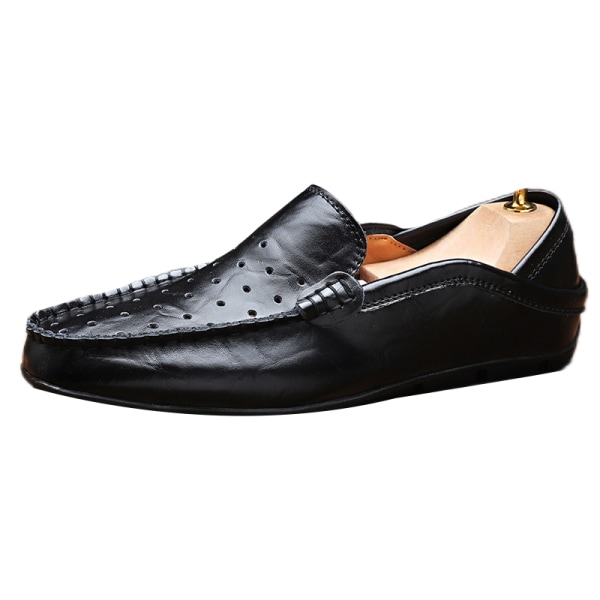 Män Halkfria läderlägenheter Hollow Out Loafers Comfort Slip On Svart-2 44