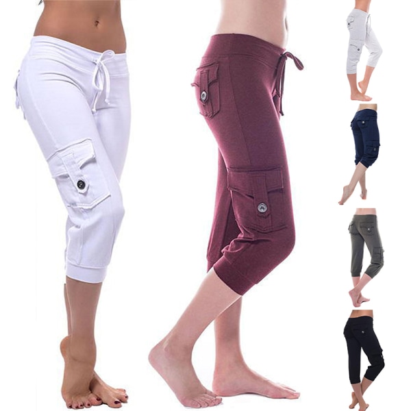 Kvinder Sport Yoga Pant Leggings Pocket High Waist Bukser white,M