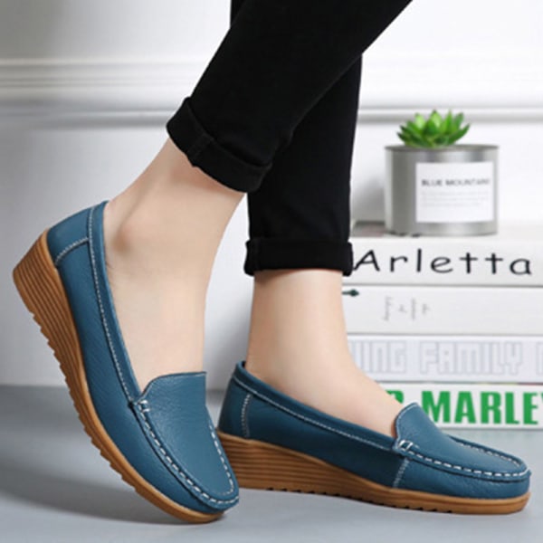 Mor Kvinder Single Sko Loafers Middelalder Slope Hæl Casual Blue 40