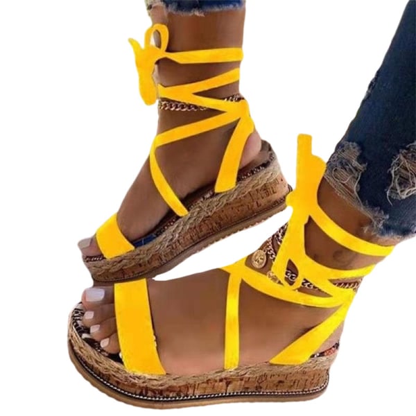 Kvinders platform høje hæle mode afslappet ankel spænde sandaler Yellow,35