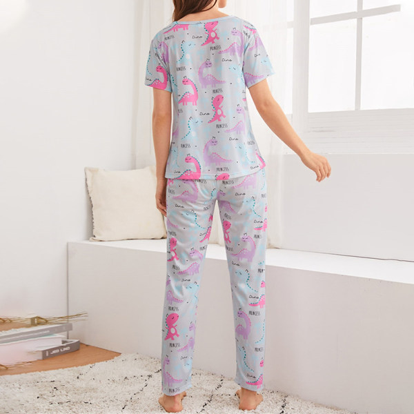 kvinnor sommar pyjamas set rund hals blommiga rutigt loungewear Powder During S
